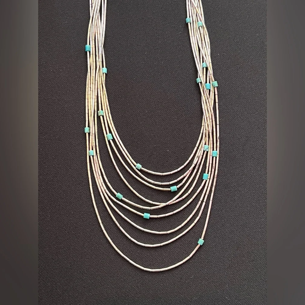 Vintage Navajo Liquid Silver Turquoise Heishi Sterling Silver Graduated Necklace